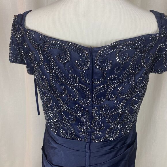 La Femme Size 12 Off the Shoulder Beaded Satin Trumpet Gown 25996 Blue Elegant - Picture 13 of 16